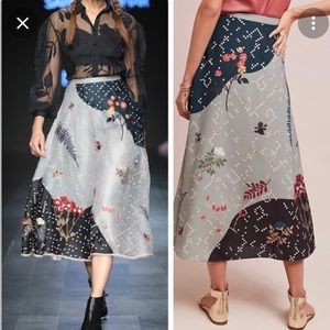Anthropologie Botanical Patchwork Midi Skirt in Navy, Gray, Black, Red